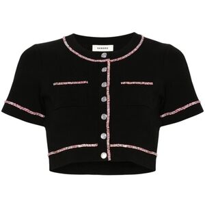 Sandro Elsa Black Cropped Short Sleeve Cardigan Jacket with Pink RhinestoneTrim
